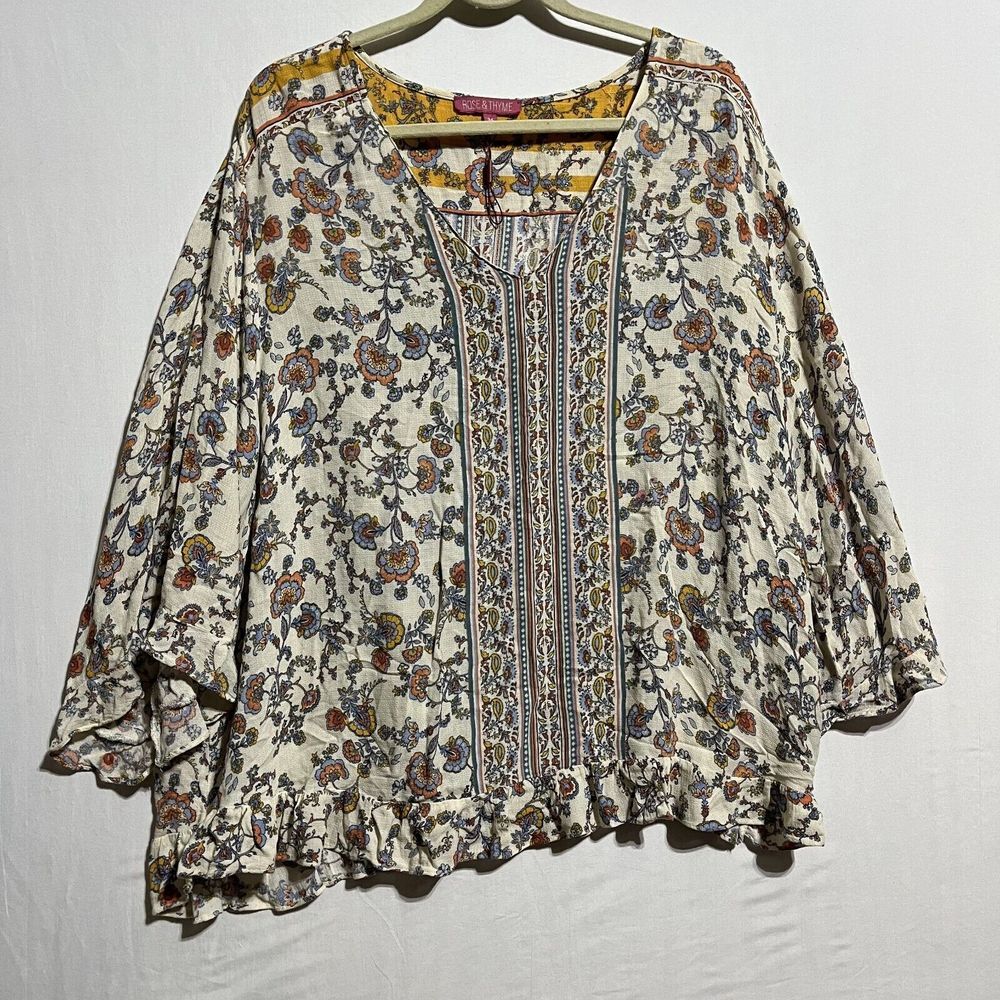 Rose & Thyme Blouse Top Women's 3X Multicolor Viscose Floral V-Neck Long Sleeve‎
